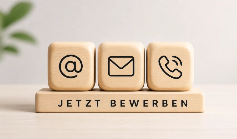 Jobs Transportunternehmen Berlin | Jetzt bewerben bei ELRA Logistics Holzwürfel mit Kontakt-Symbolen und Schriftzug „Jetzt bewerben“ für Jobs im Transportunternehmen in Berlin deutschlandweit