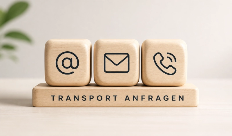 Transport anfragen Deutschland | ELRA Logistics Transportunternehmen Berlin Holzwürfel mit Kontakt-Symbolen und Schriftzug „Transport anfragen“ für Transportunternehmen in Berlin deutschlandweit